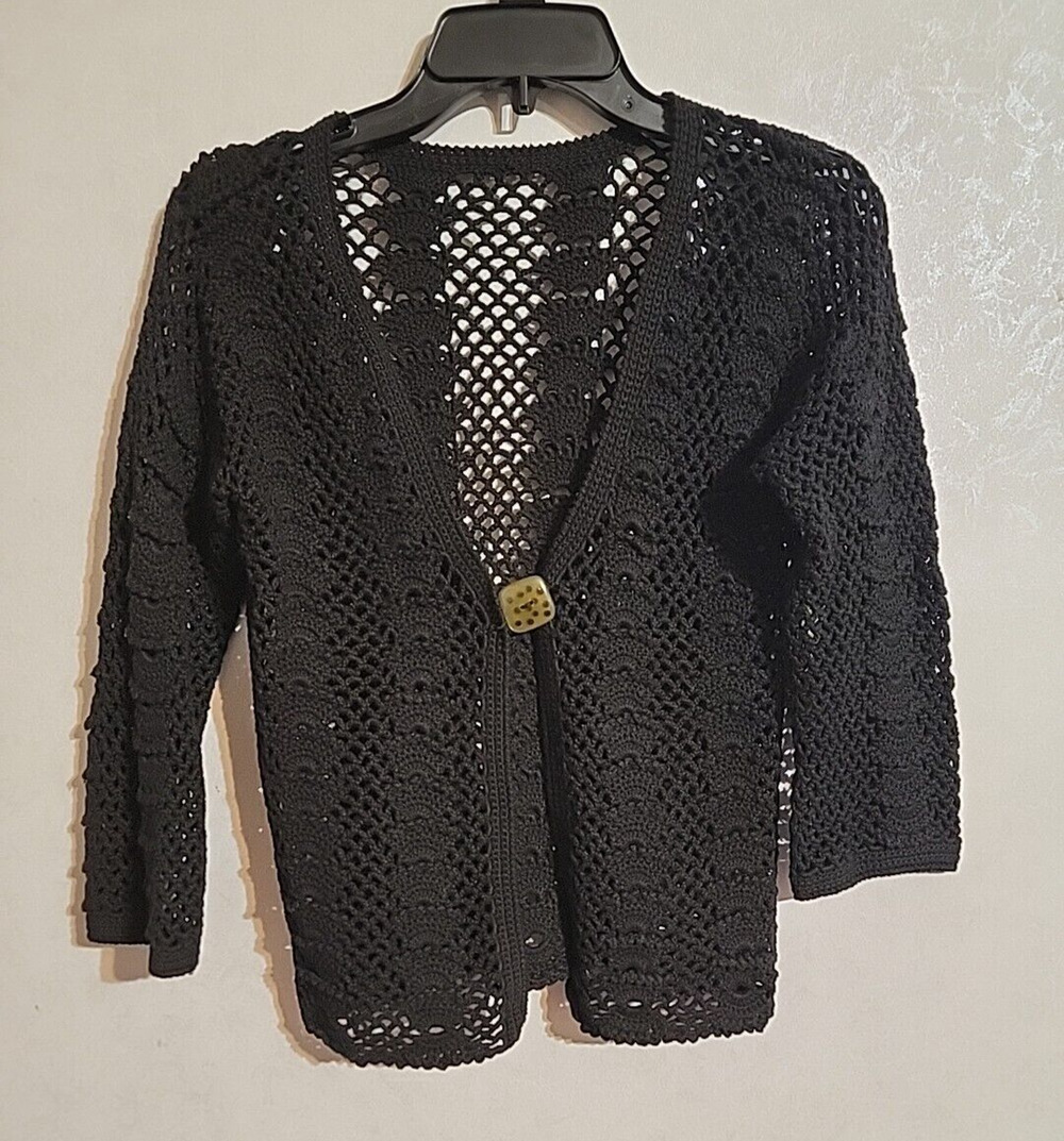 Open Knit Single Button Open Front Sweater Cardigan Black NO SIZE OR MATERIAL TA